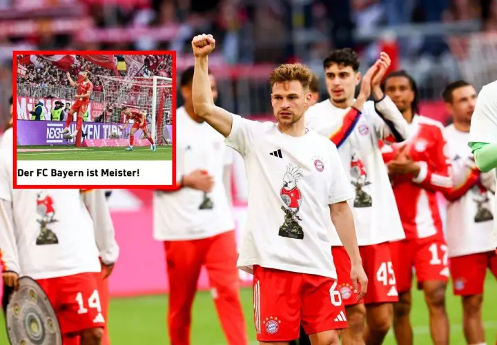 Piłkarze Bayernu świętują, jeden z nich podnosi pięść. W tle widać fragment z informacją "Der FC Bayern ist Meister!", sugerującą sukcesy w Pucharze Niemiec – statystyki.