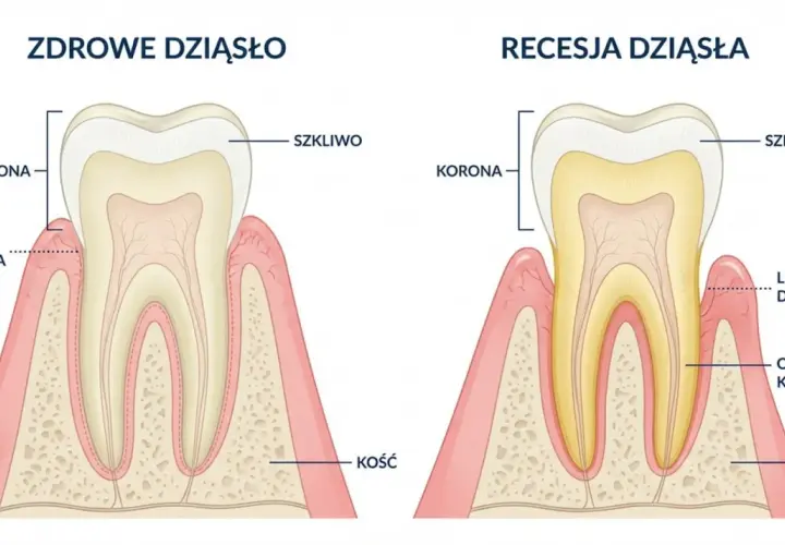 Porównanie budowy zęba 6: zdrowe dziąsło vs recesja dziąsła. Widoczna linia dziąsła, szkliwo, korona i odsłonięty korzeń.