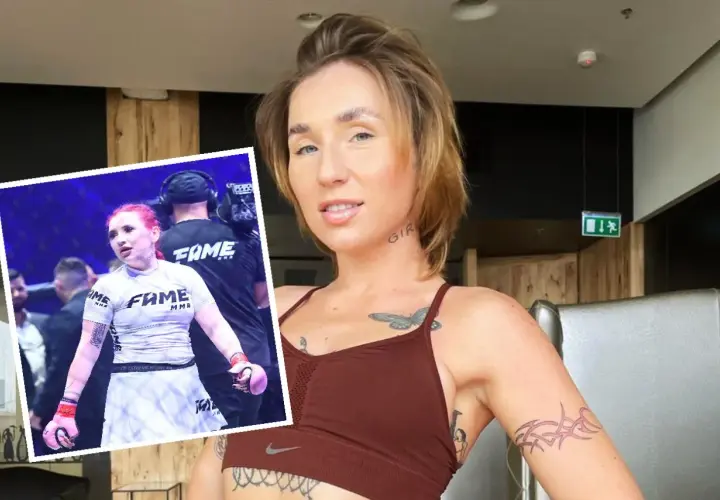 Marta Linkiewicz w stroju FAME MMA, gotowa do walki. W tle widać ekipę filmową, a na pierwszym planie Marta w sportowym topie.