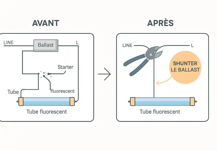 Schéma avant/après montrant comment supprimer le ballast d'un tube fluorescent pour le remplacer par un tube LED.