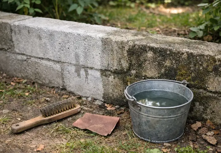 Jak odnowić stary murek betonowy? Metalowa szczotka, papier ścierny i wiadro z wodą czekają, by przywrócić mu dawny blask.