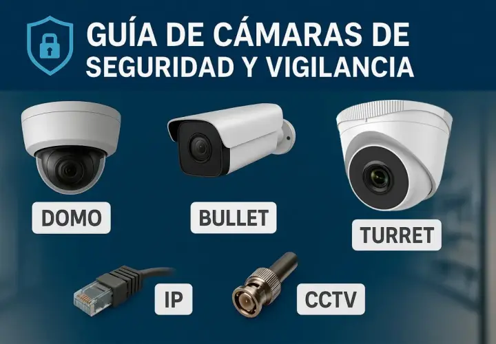 Guía de cámaras de seguridad: domo, bullet y turret. Conectores IP y CCTV para tu circuito cerrado tv.