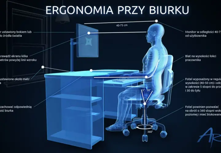 Prawidłowa ergonomia pracy przy biurku: monitor na wyciągnięcie ręki, blat na wysokości łokci, fotel z regulacją.