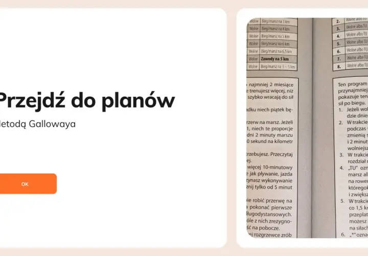 Plan treningowy bieganie 5 km metodą Gallowaya. Tabela zawiera propozycje treningów, np. "Wolne Bieg/marsz na 5 km".
