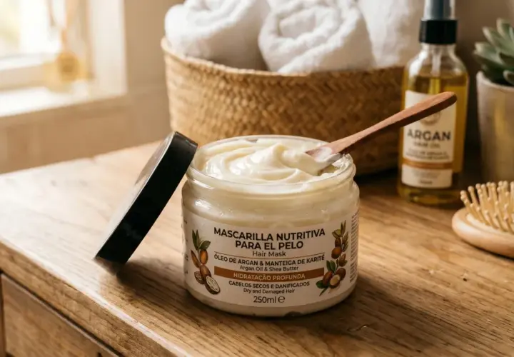 Tarro de mascarilla nutritiva para el pelo, ideal para saber como aplicar mascarilla pelo. Incluye aceite de argán y manteca de karité.