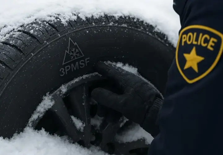 Policjant sprawdza oznaczenie 3PMSF na oponie w śniegu. Czy w Niemczech można jeździć na oponach wielosezonowych?