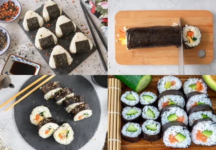 Onigiris y rollos de sushi, algunos con alga nori en el mar, listos para disfrutar.
