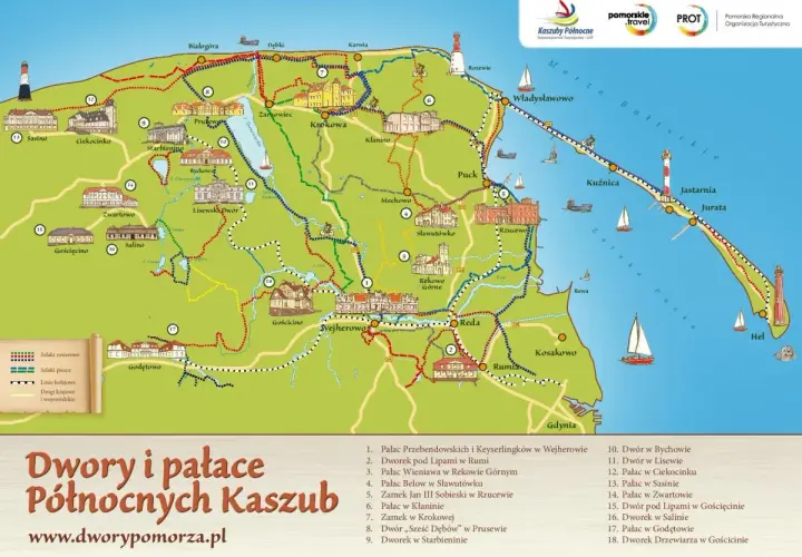 Mapa turystyczna prezentująca dwory i pałace na Kaszubach Północnych, z zaznaczonymi szlakami rowerowymi, pieszymi i kolejowymi.