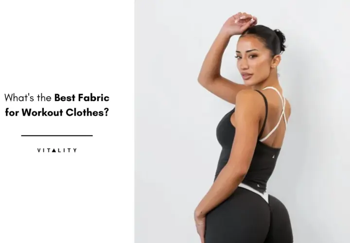 A woman models workout clothes, highlighting the importance of the right sports clothing material for comfort and performance.