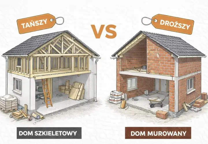 Porównanie domu szkieletowego (tańszego) i domu murowanego (droższego). Widok przekroju obu budynków w trakcie budowy.