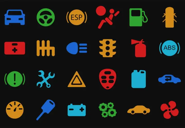 Tabella spie macchina con icone colorate: auto, volante, ESP, airbag, benzina, ABS, batteria, ingranaggi, ecc.