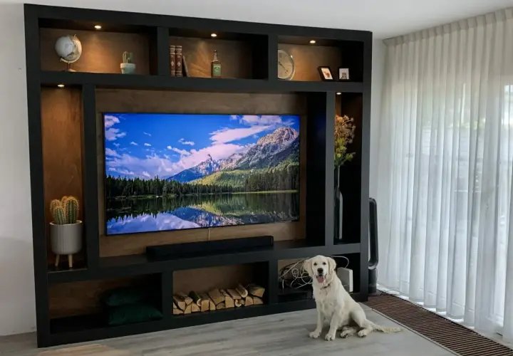 Ein Hund sitzt vor einer selbstgebauten TV-Wand mit vielen Fächern, die mit Deko, Büchern und Holz gefüllt sind.