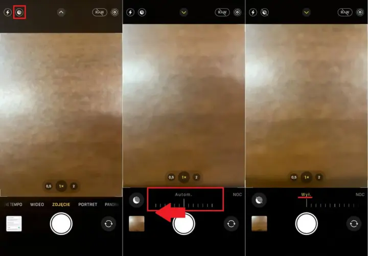 Trzy ekrany iPhone'a pokazujące ustawienia trybu nocnego. Na pierwszym widać ikonę trybu nocnego, na drugim suwak "Autom.", a na trzecim "Wył.".