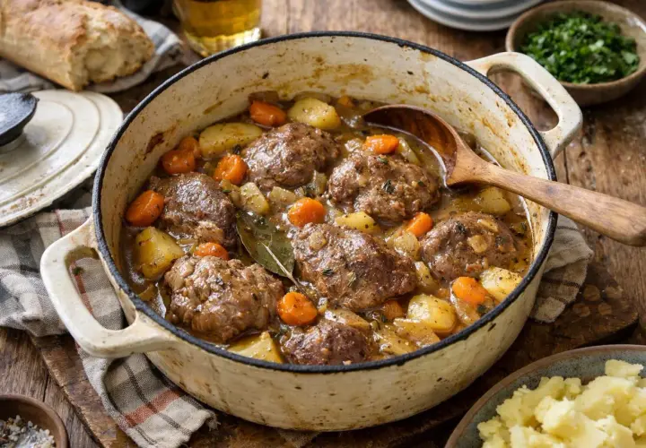 Un plat mijoté de joue de porc au cidre, avec des pommes de terre et des carottes, servi dans une cocotte en fonte.