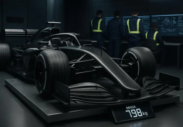 Czarny bolid F1 na wadze pokazuje, ile waży bolid F1: 798 kg. Zespół inżynierów analizuje dane.