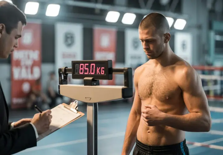 Bokser waży 85 kg przed sparingiem. Trener notuje wynik.