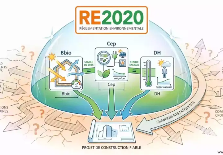 Schéma RE2020 : Bbio, Cep, DH influencent un projet de construction fiable, malgré complexité et incertitudes.