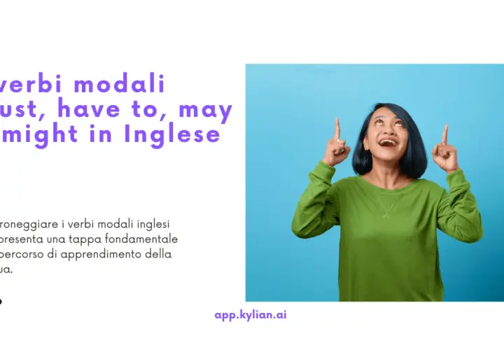 Donna sorride indicando in alto, imparare il verbo modale "must" è fondamentale.