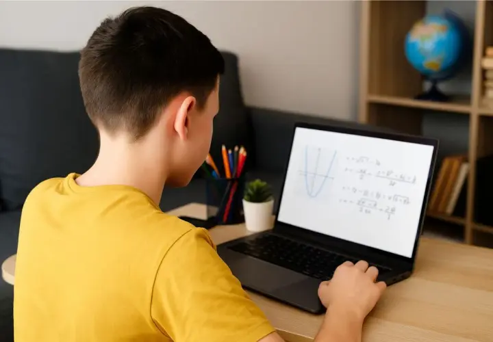 Chłopiec z pokolenia Alfa uczy się matematyki online. Na ekranie laptopa widać wykres funkcji i równania.