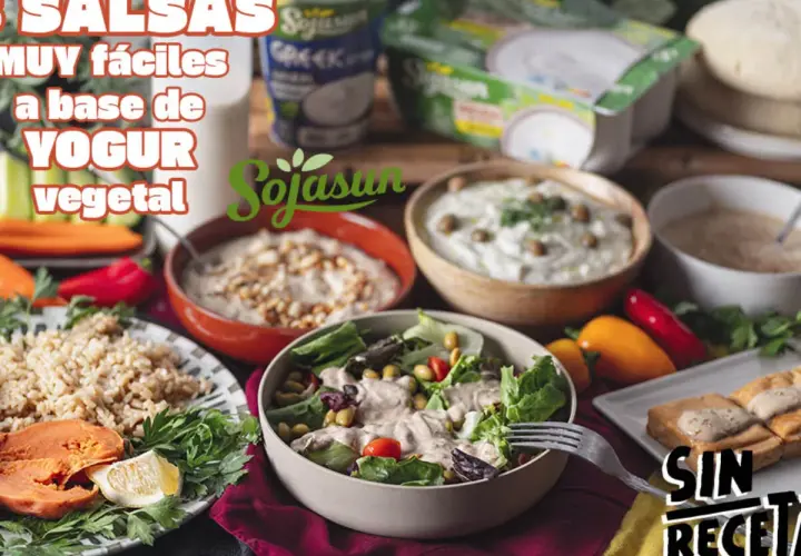 Varias salsas de yogur vegana, saludables y deliciosas, acompañan ensaladas, arroz y boniato.