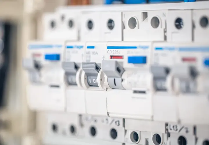 Szereg wyłączników automatycznych w skrzynce elektrycznej. Dowiedz się, jak włączyć korki w domu, przesuwając dźwignię do pozycji "ON".