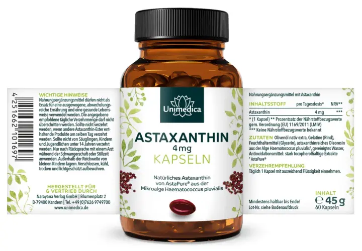 Unimedica Astaxanthin 4mg Kapseln: Natürliches Astaxanthin von AstaPure®. Die empfohlene Astaxanthin Dosierung ist täglich 1 Kapsel.