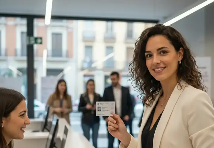 Mujer sonríe mostrando su DNI para firmar con certificado digital. En el fondo, otras personas esperan.