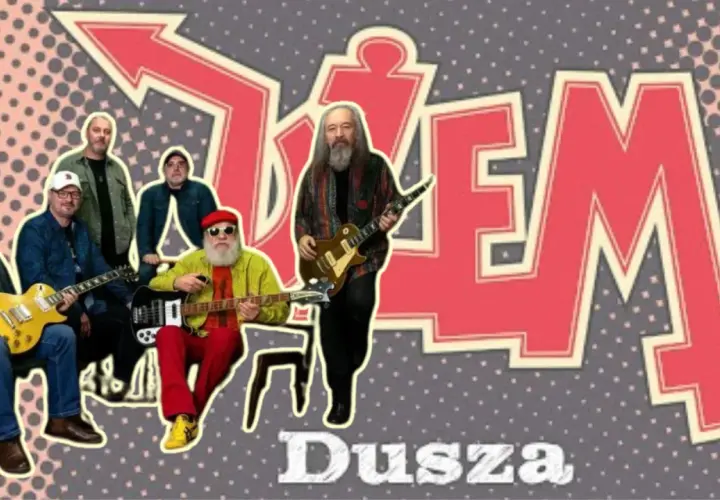 Zespół Dżem, grający piosenki alfabetycznie, pozuje z gitarami. W tle duży napis "Dżem".