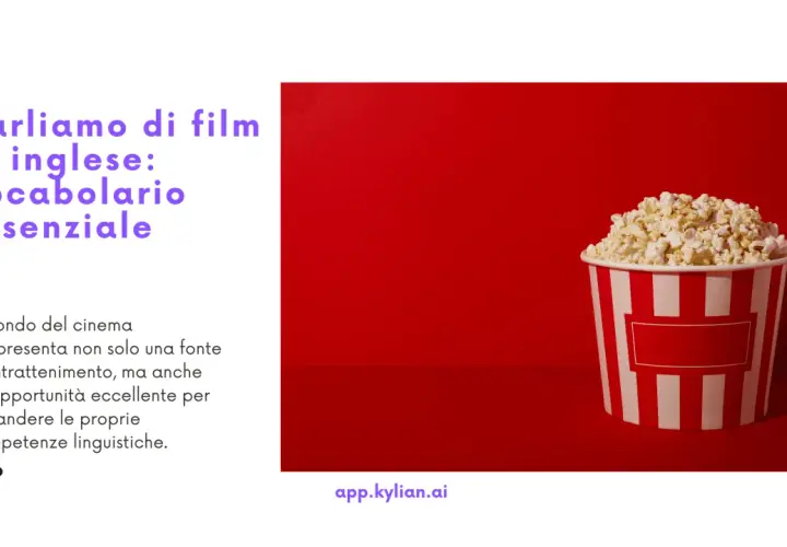 Secchiata di popcorn su sfondo rosso, ideale per imparare il vocabolario essenziale per i film in lingua originale inglese.