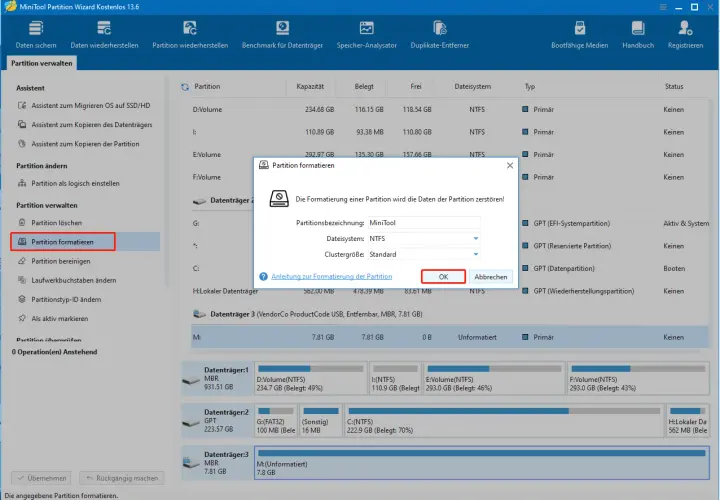 Dialogfeld "Partition formatieren" in MiniTool Partition Wizard. Warnung: Daten gehen verloren. OK zum Fortfahren.