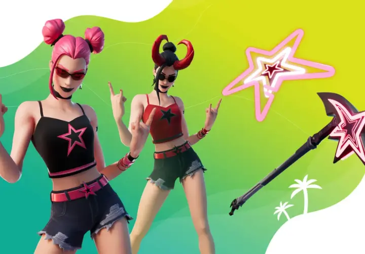 Dwie postacie w letnich strojach, jedna z różowymi kucykami, druga z rogami. Obok nich neonowa gwiazda i topór. To plażowa wiedźma Fortnite!