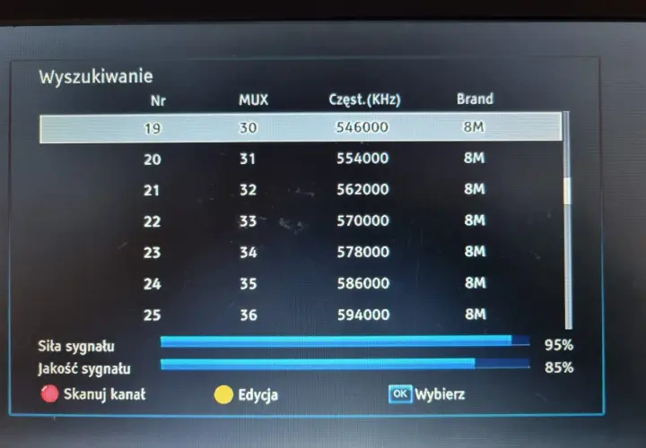 Ekran telewizora pokazuje menu "Wyszukiwanie", gdzie można sprawdzić, jak wyszukać kanały z anteny pokojowej. Widoczne są parametry sygnału i częstotliwości.