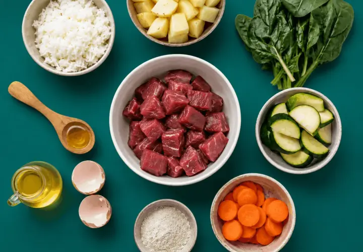 Zutaten für hundefutter selber kochen: Rindfleischwürfel, Reis, Kartoffeln, Zucchini, Karotten, Spinat, Eierschalen, Öl und Mehl.