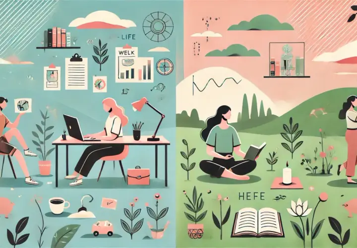 Dwie strony ilustracji pokazują idealny work life balance: praca przy biurku i relaks na łonie natury.