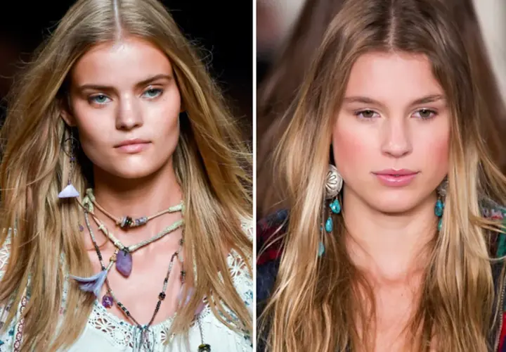 Dos modelos con cabello rubio largo y ondulado, con estilo bohemio. Una pregunta común es como aclarar el pelo teñido dos tonos.