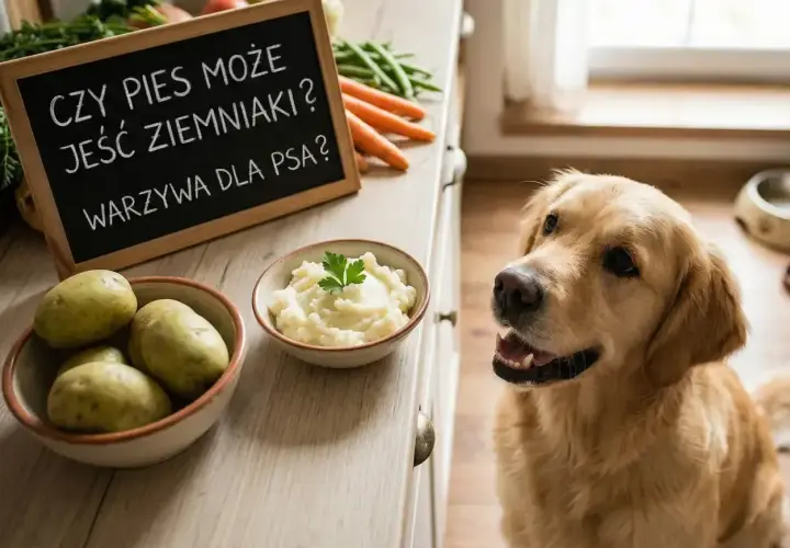 Złoty retriever z zaciekawieniem patrzy na miseczkę z puree ziemniaczanym. Tabliczka obok pyta: "Czy pies może jeść ziemniaki?".