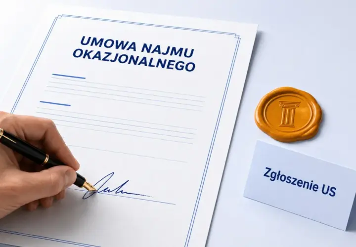 Podpisanie umowy najmu okazjonalnego. Obok pieczęć i karteczka "Zgłoszenie US".