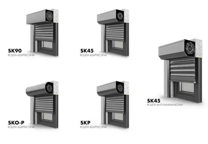 Przekroje różnych modeli obudowy rolety zewnętrznej: SK90, SK45 adaptacyjna, SKO-P, SKP adaptacyjna i SK45 antywłamaniowa.