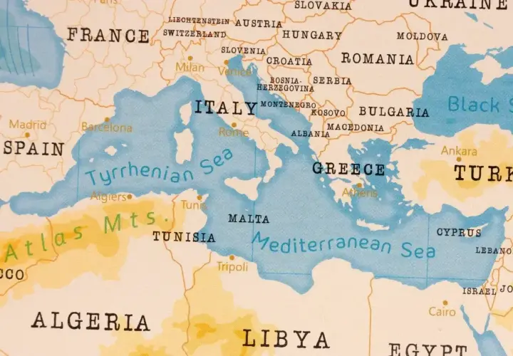 Mapa Europy i Afryki Północnej z zaznaczonym Morzem Śródziemnym, Włochami i Grecją. Kreta leży na tym morzu.