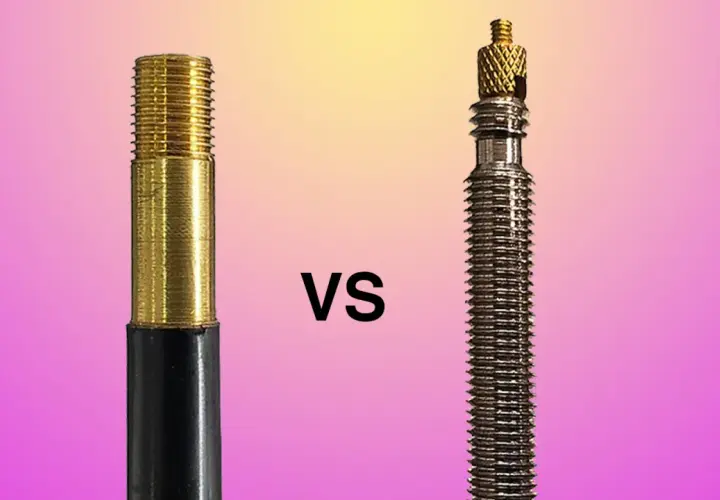 Schrader vs. Presta valve stems, a cyclist's dilemma. The gold Schrader on the left, the silver Presta on the right.