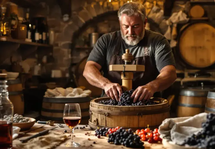 Un vigneron prépare des raisins pour une recette de vin rouge. Des tonneaux et une carafe de vin rouge complètent la scène.