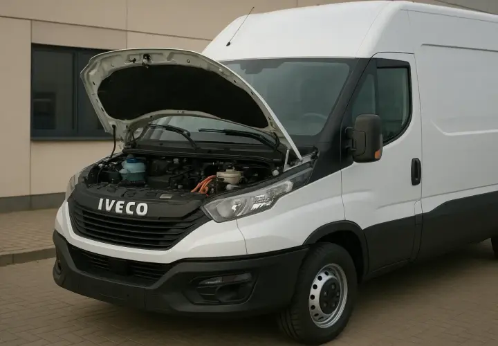 Biały Iveco Stralis z otwartą maską, ukazującą silnik i elementy elektryczne.