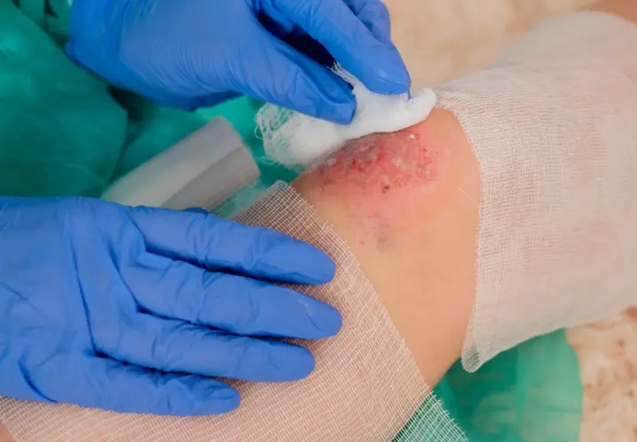 Lekarz w niebieskich rękawiczkach delikatnie oczyszcza ranę, na której widoczny jest biofilm.