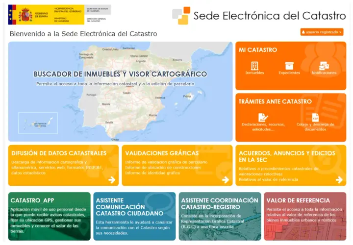 Página principal de la Sede Electrónica del Catastro, con opciones para consultar el valor catastral, trámites y datos.