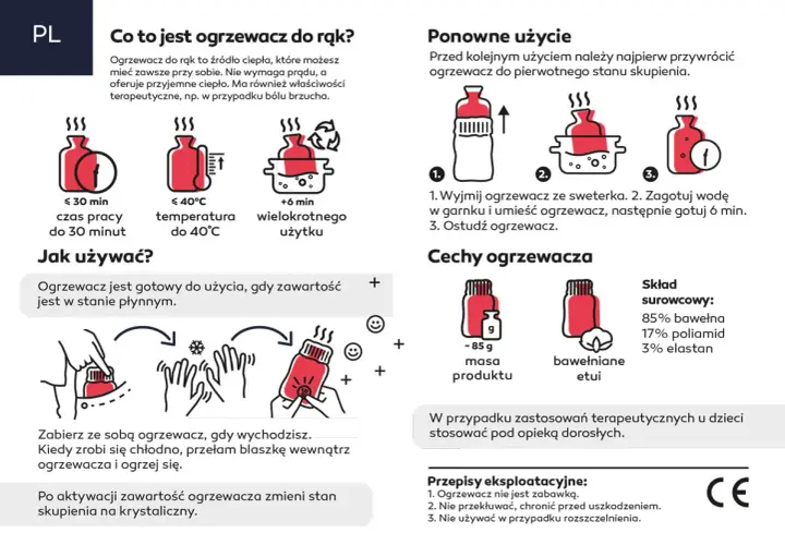 Ogrzewacz do rąk z blaszka: po przełamaniu dysku w środku, płyn krystalizuje, wydzielając ciepło. Wielokrotnego użytku.