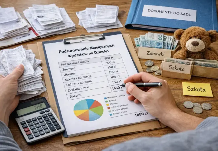 Podsumowanie miesięcznych wydatków na dziecko, w tym faktury do alimentów na kogo. Kalkulator, rachunki i wykres kołowy pokazują koszty.