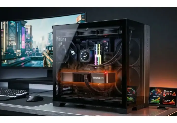 Un PC gamer puissant, prêt pour des sessions de jeu FPS intenses. L'écran affiche un jeu futuriste, le boîtier révèle une carte graphique RTX et un système de refroidissement RGB.