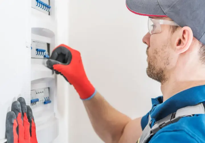 Elektryk w czerwonych rękawicach przeprowadza przegląd instalacji elektrycznej domu, sprawdzając bezpieczniki w skrzynce.