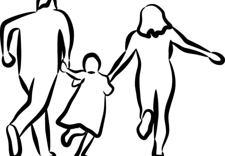 Arte con líneas: una familia corriendo junta, tomados de la mano, con trazos audaces y dinámicos.