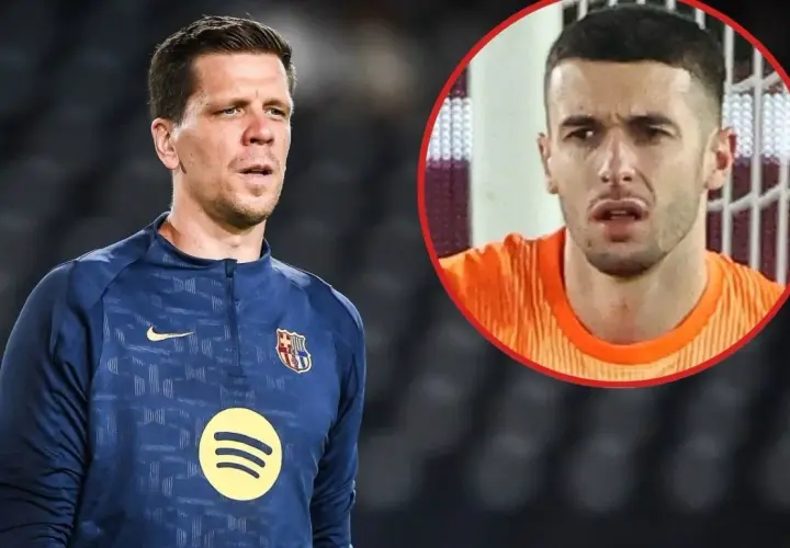 Bramkarz Barcelony w niebieskiej bluzie z logo Nike i Spotify. W okręgu widać jego twarz w pomarańczowej koszulce.